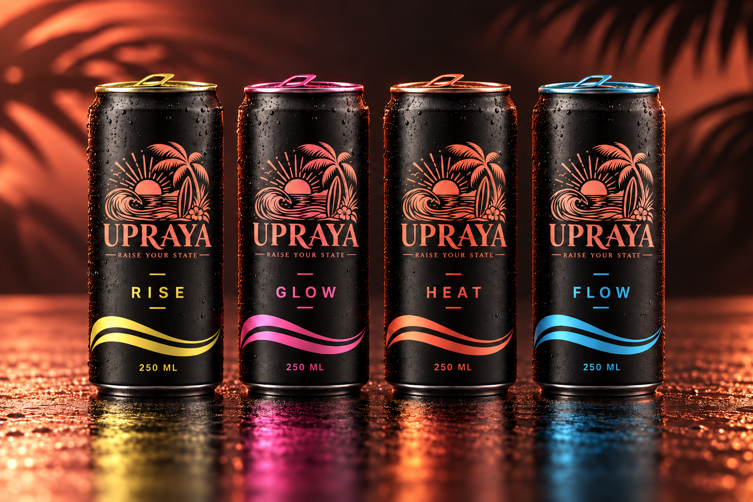 Four UPRAYA 250 ml can concepts in RISE, GLOW, HEAT and FLOW