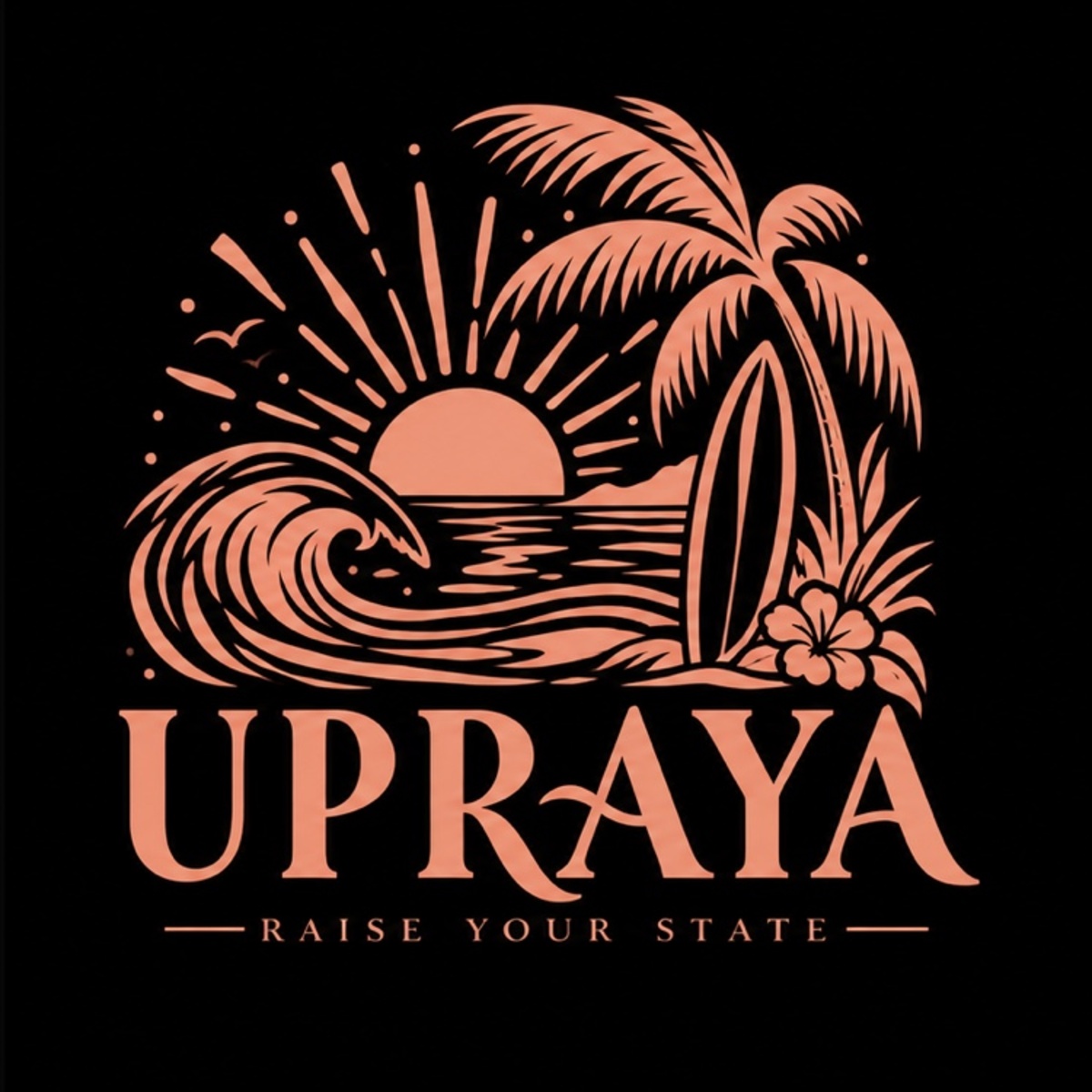 Official UPRAYA coral-on-black logo with palm, rising sun, wave and surfboard